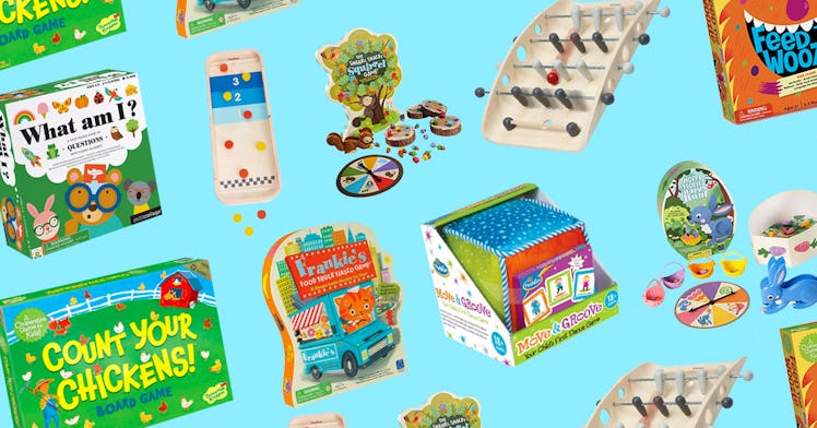 The best board games for toddlers and preschoolers set against a blue background.