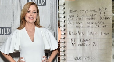 Jenna Fischer in a white dress, next to a hand-written receipt of all the things her kids gave her o...