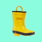 A yellow toddler rain boot with an L.L. Bean logo on them, set against an aqua background