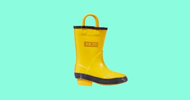 A yellow toddler rain boot with an L.L. Bean logo on them, set against an aqua background