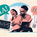 photo collage of a father and daughter laughing framed by a math equation on a blackboard and "HA!" ...