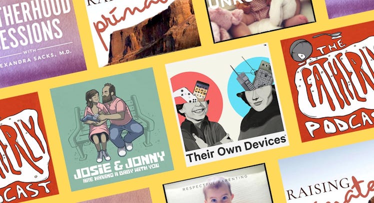Cover arts of parenting podcasts for busy dads and moms