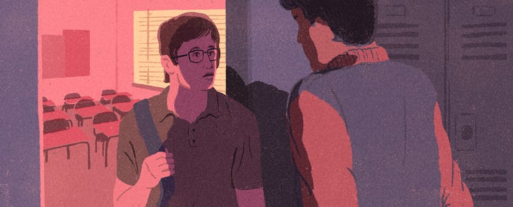 An illustration of a high school student about to attack another student who is feeling small