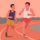 An illustration of a boy talking to his friend about his insecurity on a running track going behind ...