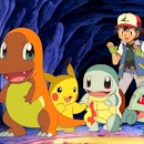 Screenshot of Ash Ketchum with Pikachu, Charmander, Squirtle, and Bulbasaur.
