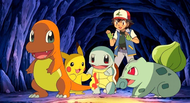 Screenshot of Ash Ketchum with Pikachu, Charmander, Squirtle, and Bulbasaur.