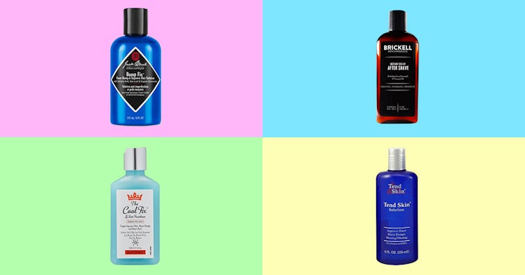 Razor burn and razor bump creams and treatments set against a multi-colored background.