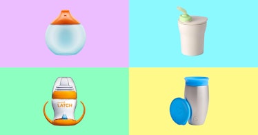 Four sippy cups set against a multi-colored background