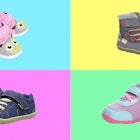Toddler shoes, boots and sneakers against a multi-colored background