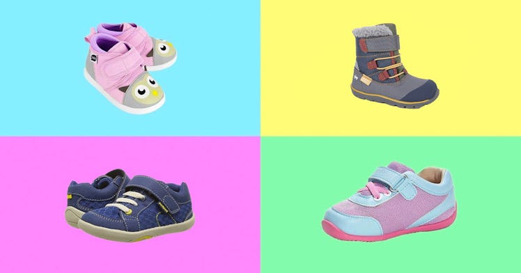 Toddler shoes, boots and sneakers against a multi-colored background