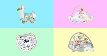 A four-part collage with the four of the best baby tummy time mats to prep the baby for crawling