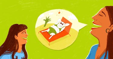 画羊躺在躺椅上晒太阳