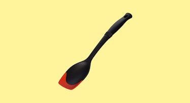 The Le Creuset of America Revolution Bi-Material Saute Spoon on a yellow background 