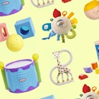 A collage of the best infant toys and baby toys with a vanilla background