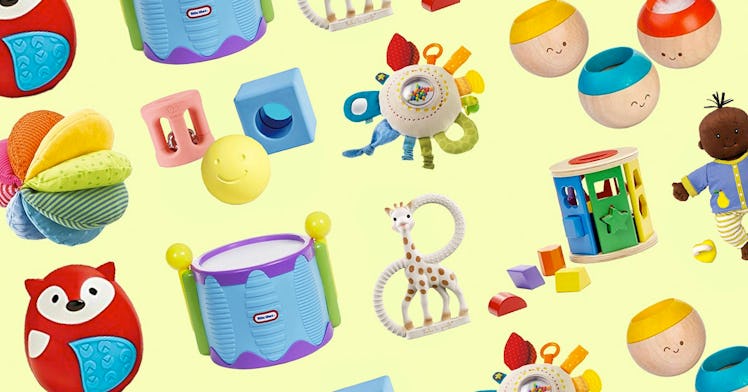 A collage of infant and baby toys with a yellow background