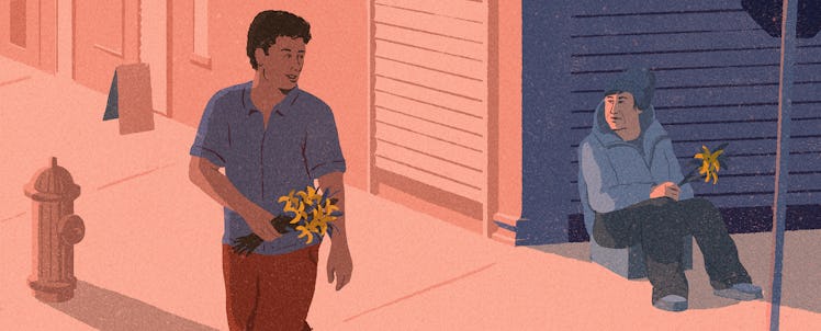 An illustration of a young man with yellow flowers who has given one flower to a homeless man