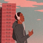 An illustration of a man jogging through the city while wearing white headphones