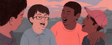 An illustration of four boys talking and laughing