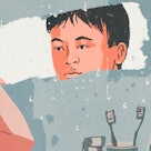 Illustration of a boy looking himself on a steam blurred mirror