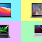 4 laptops for high school students pictured on a multi colored backdrop