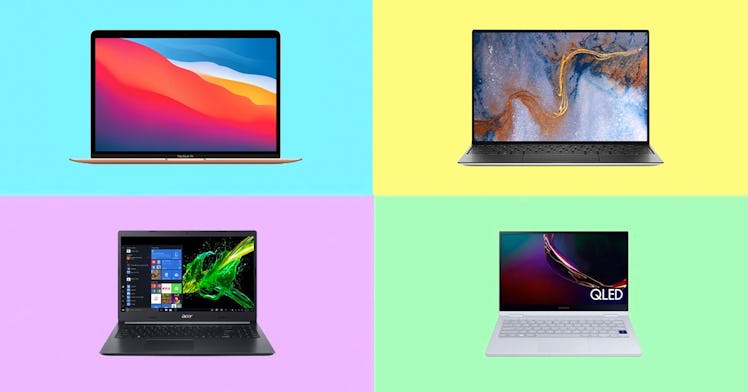 4 laptops for high school students pictured on a multi colored backdrop
