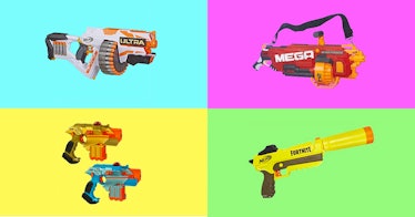 The best toy guns, including Nerf blasters, set against a multi-colored background.