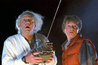 A scene from 'Back To The Future' with the two male leads looking shocked at something in the distan...