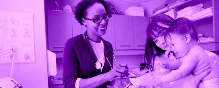 A mother who has brought her child to a doctor's appointment with a purple color filter