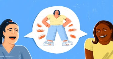 illustration of two women laughing at yo mama joke on blue background