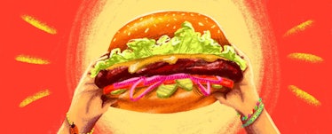 An illustrated giant meat alternative hamburger being held by two hands with a light shining behind ...