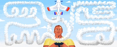 An illustration of a dad obsessing over a model airplane leaving smoke behind