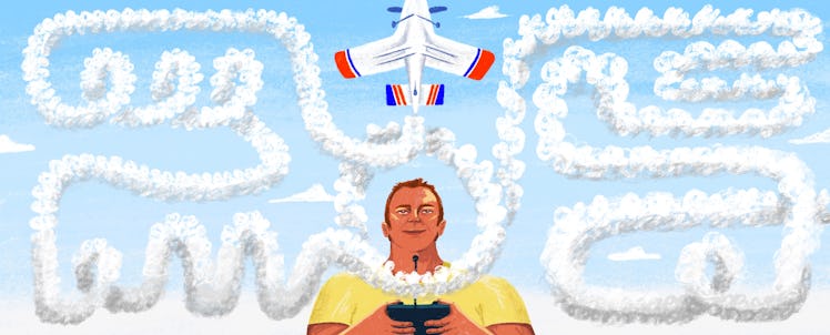 An illustration of a dad controlling an airplane that is leaving smoke behind