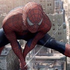Spider-man swinging through New York city.
