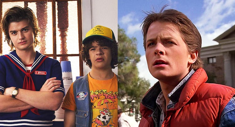 A two-part collage of a scene from 'Stranger Things' next to a scene from 'Back To The Future'