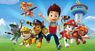 Cast of Paw Patrol TV series smiling and running
