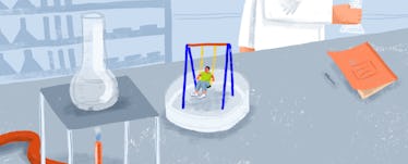 Illustration of a child playing, surrounded by scientific instruments.