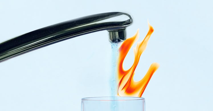 Collage of water and fire going out of a sink