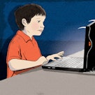An illustration of a kid in an orange shirt using his laptop which is morphing into a green and blac...