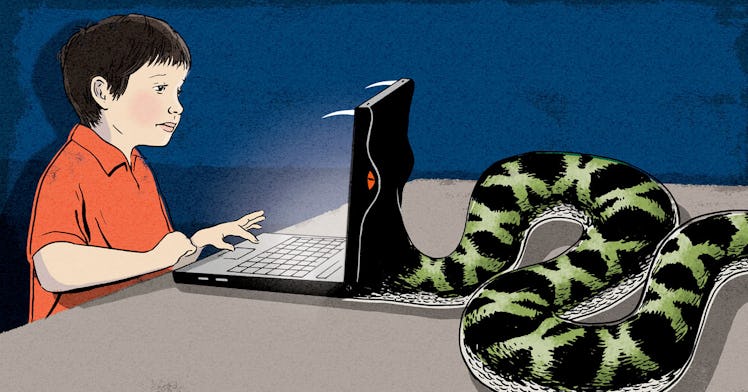 An illustration of a kid in an orange shirt using his laptop which is morphing into a green and blac...
