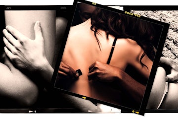 Collage of images including back of woman with bra coming off.