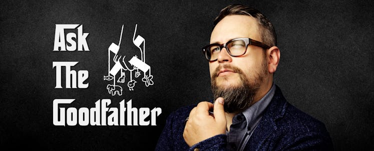 a picture of a man stroking his beard beside the words "ask the godfather"