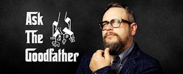a picture of a man stroking his beard beside the words "ask the godfather"