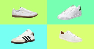 Collage of four white sneakers for men