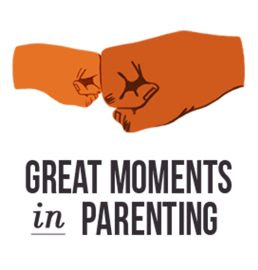 A kid and parents hands fist bumping. Great moments in parenting logo