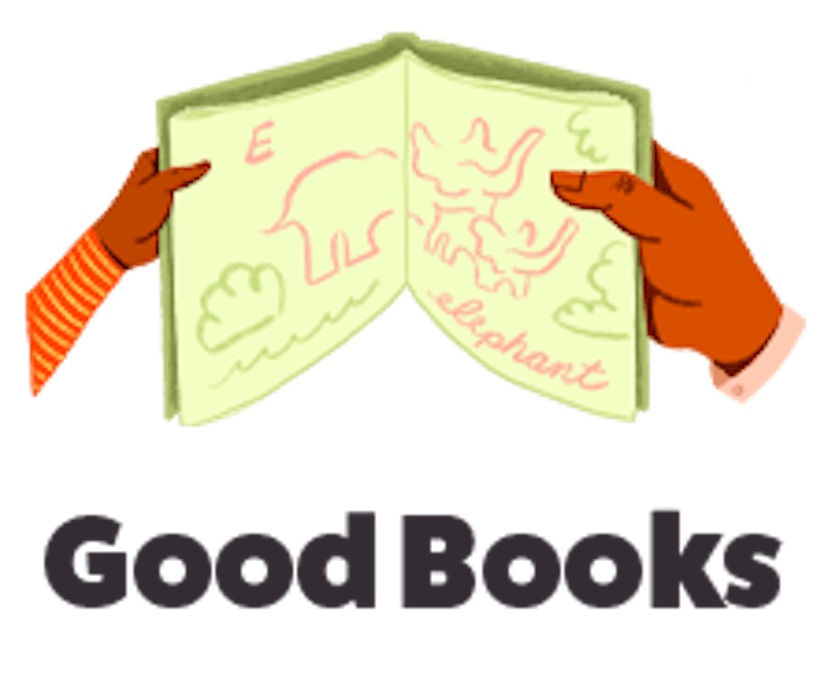 A logo for good books and two hands holding and open book illustration