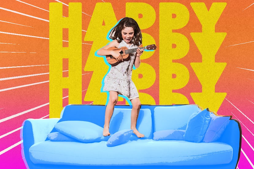 A collage of a happy kid playing a guitar while standing on a couch