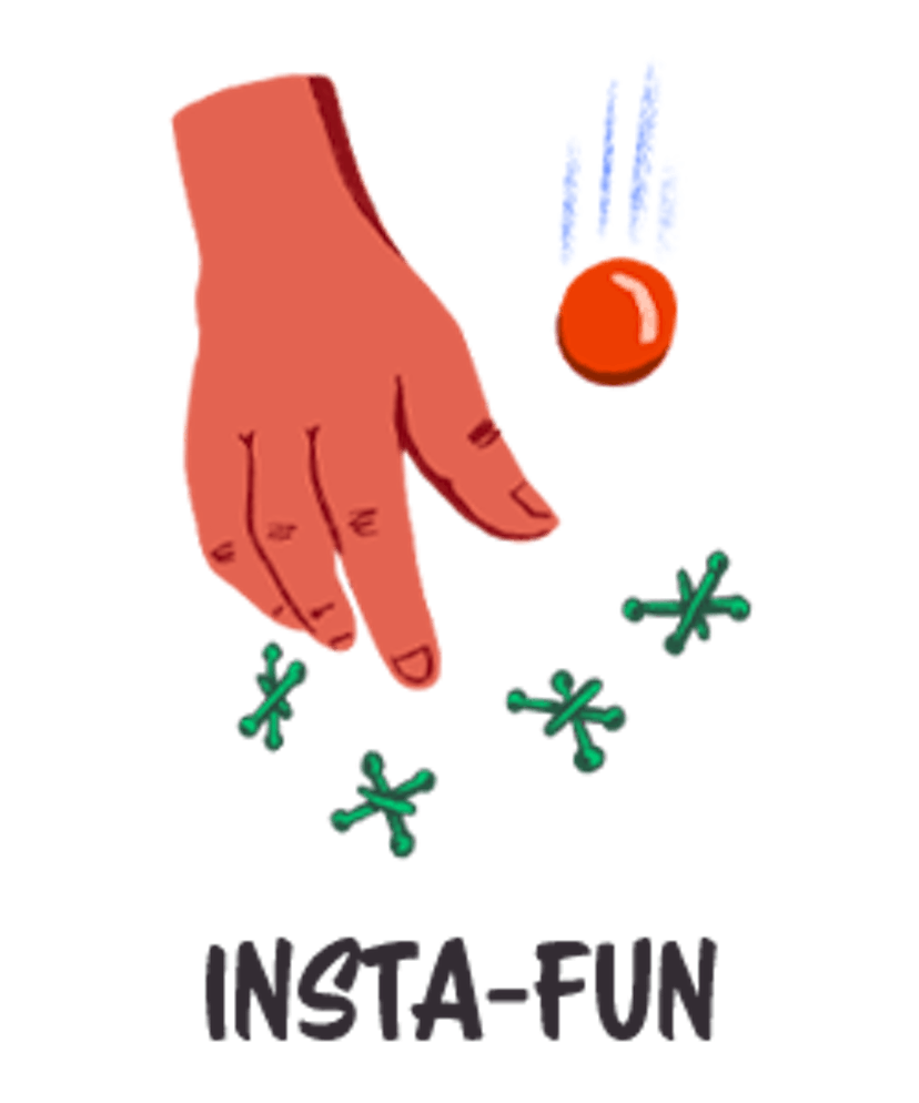 A hand, an orange ball and small green toys with the text INSTA-FUN