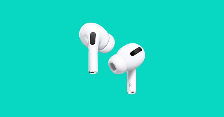 Apple AirPods Pro set against a green background.