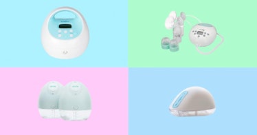 Various breast pumps set against a multicolored background