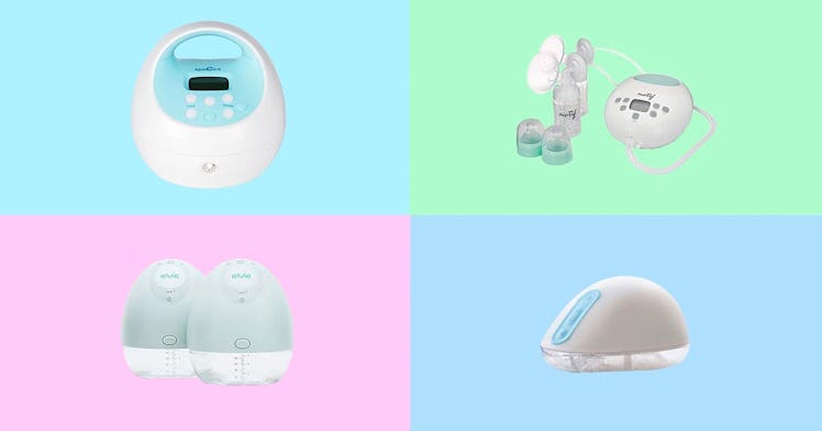 Various breast pumps set against a multicolored background